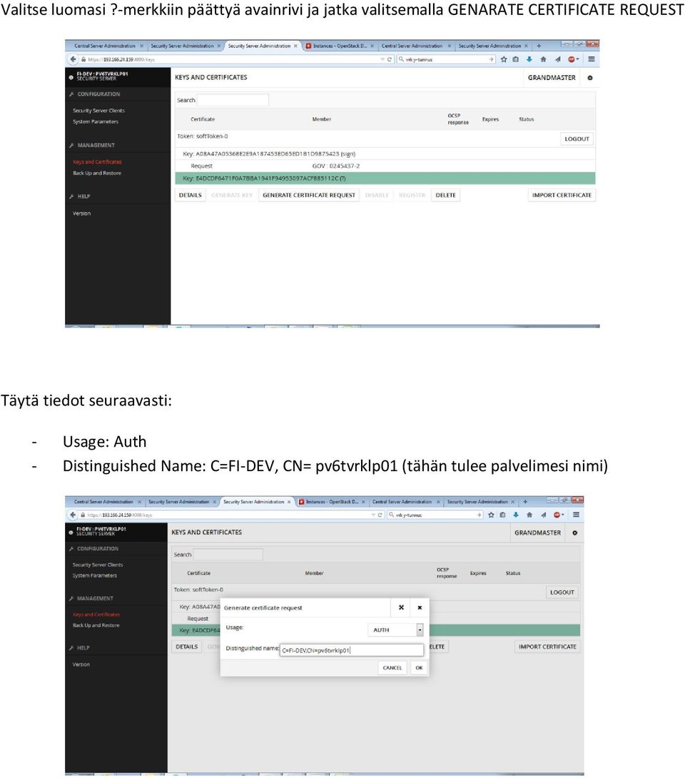 GENARATE CERTIFICATE REQUEST Täytä tiedot