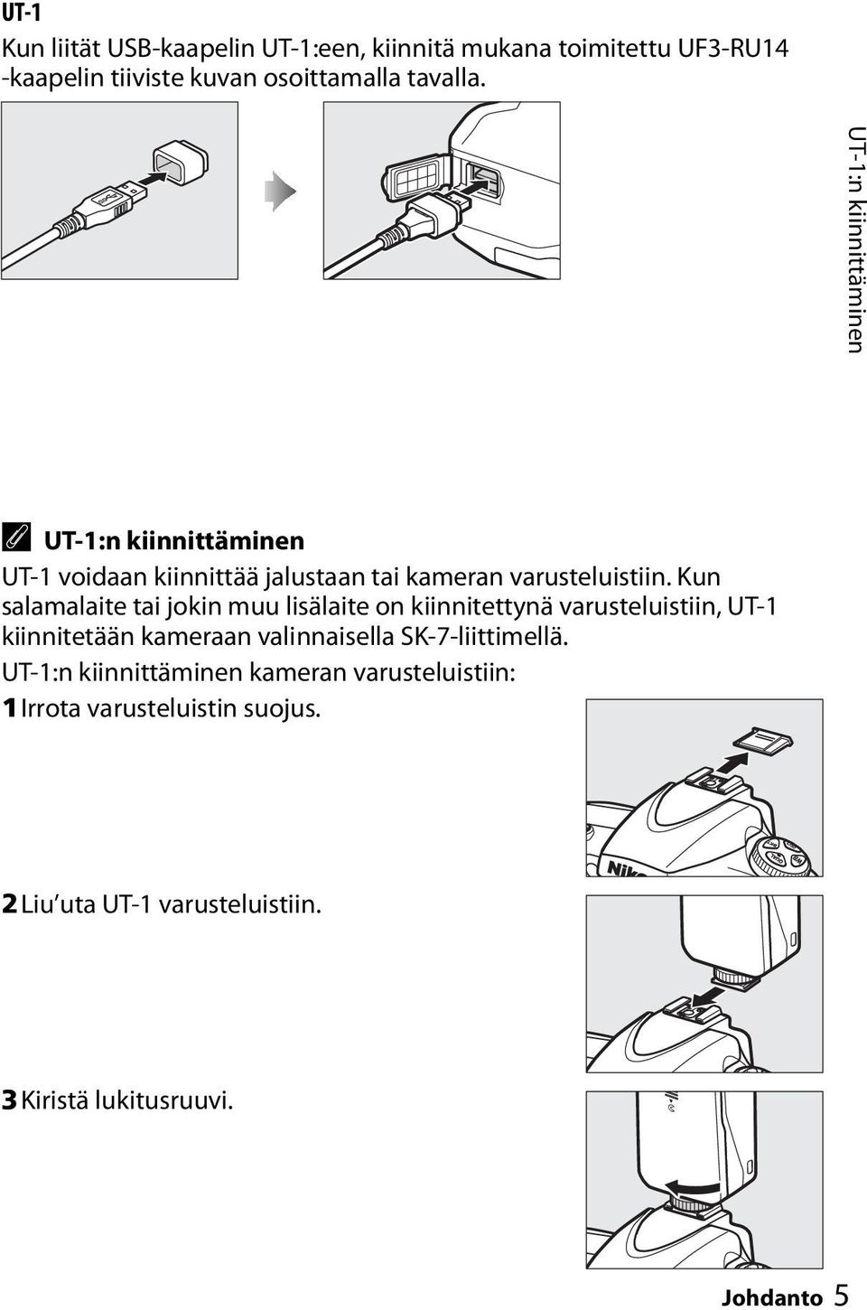 Kun salamalaite tai jokin muu lisälaite on kiinnitettynä varusteluistiin, UT-1 kiinnitetään kameraan valinnaisella