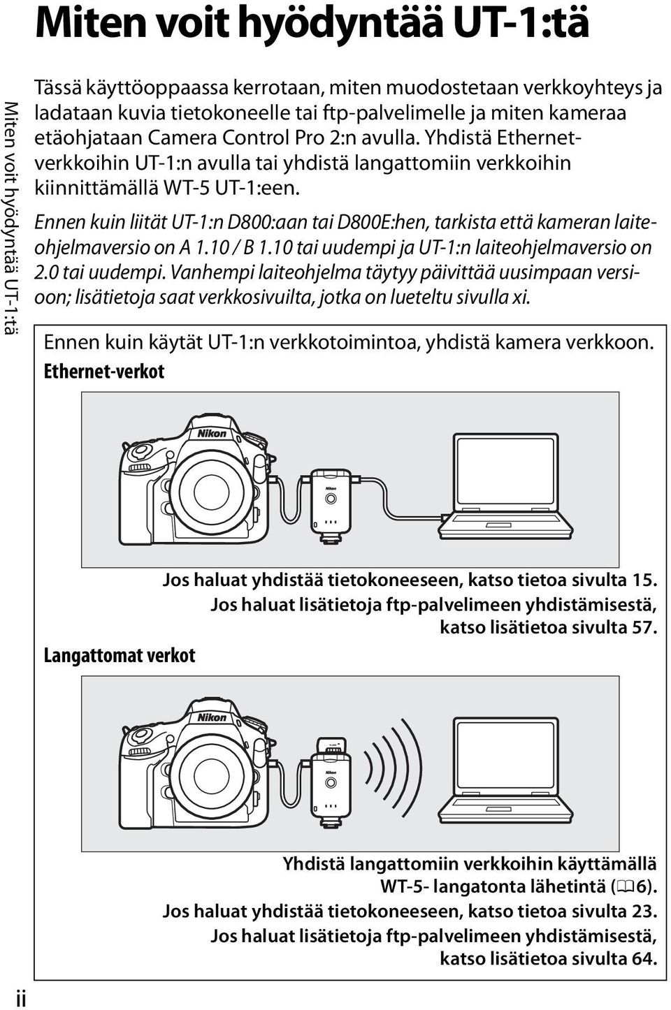 Ennen kuin liität UT-1:n D800:aan tai D800E:hen, tarkista että kameran laiteohjelmaversio on A 1.10 / B 1.10 tai uudempi 