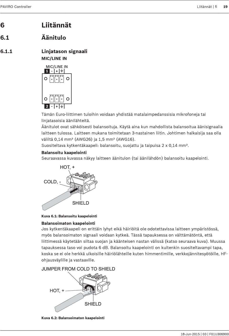 Johtimen halkaisija saa olla väliltä 0,14 mm² (AWG26) ja 1,5 mm² (AWG16). Suositeltava kytkentäkaapeli: balansoitu, suojattu ja taipuisa 2 x 0,14 mm².