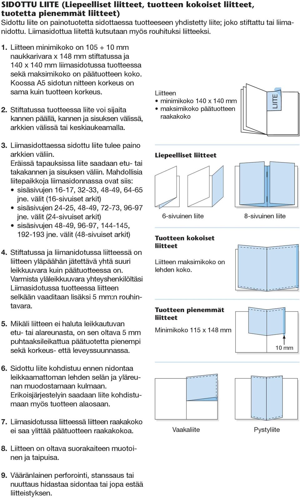 Liitteen minimikoko on 105 + 10 mm naukkarivara x 148 mm stiftatussa ja 140 x 140 mm liimasidotussa tuotteessa sekä maksimikoko on päätuotteen koko.