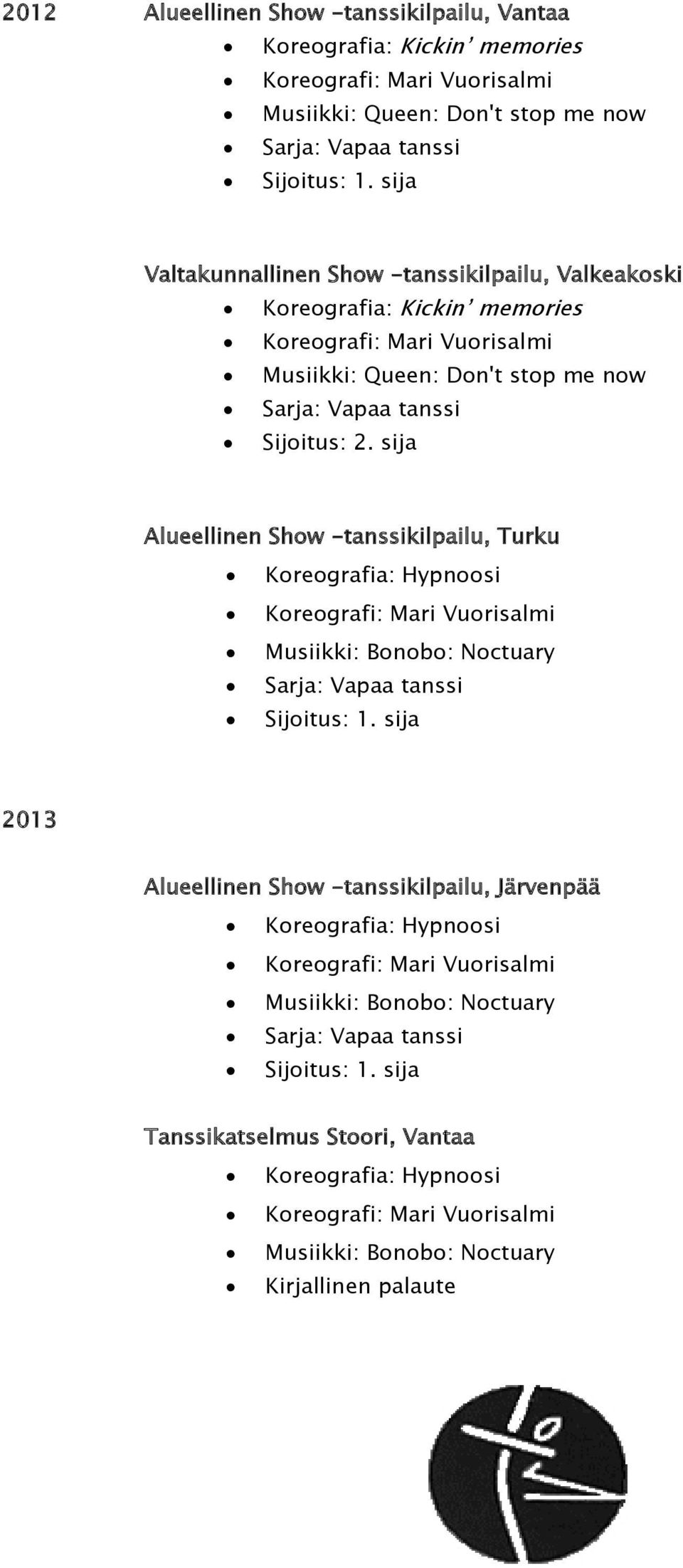 sija Alueellinen Show -tanssikilpailu, Turku Koreografia: Hypnoosi Musiikki: Bonobo: Noctuary Sijoitus: 1.