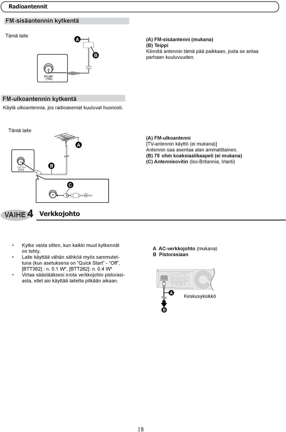 (B) 75 ohm koaksiaalikaapeli (ei mukana) (C) Antennisovitin (Iso-Britannia, Irlanti) VAIHE 4 Verkkojohto Kytke vasta sitten, kun kaikki muut kytkennät on tehty.