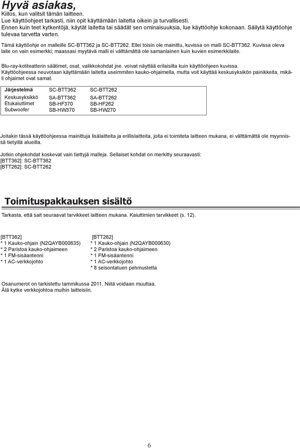 Ellei toisin ole mainittu, kuvissa on malli SC-BTT362. Kuvissa oleva laite on vain esimerkki; maassasi myytävä malli ei välttämättä ole samanlainen kuin kuvien esimerkkilaite.