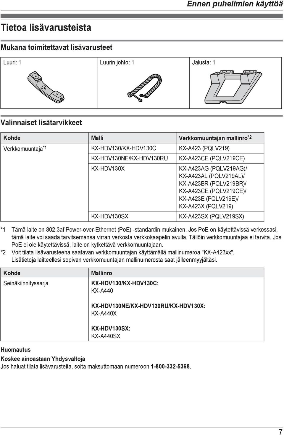 KX-A423CE (PQLV219CE)/ KX-A423E (PQLV219E)/ KX-A423X (PQLV219) KX-A423SX (PQLV219SX) *1 Tämä laite on 802.3af Power-over-Ethernet (PoE) -standardin mukainen.