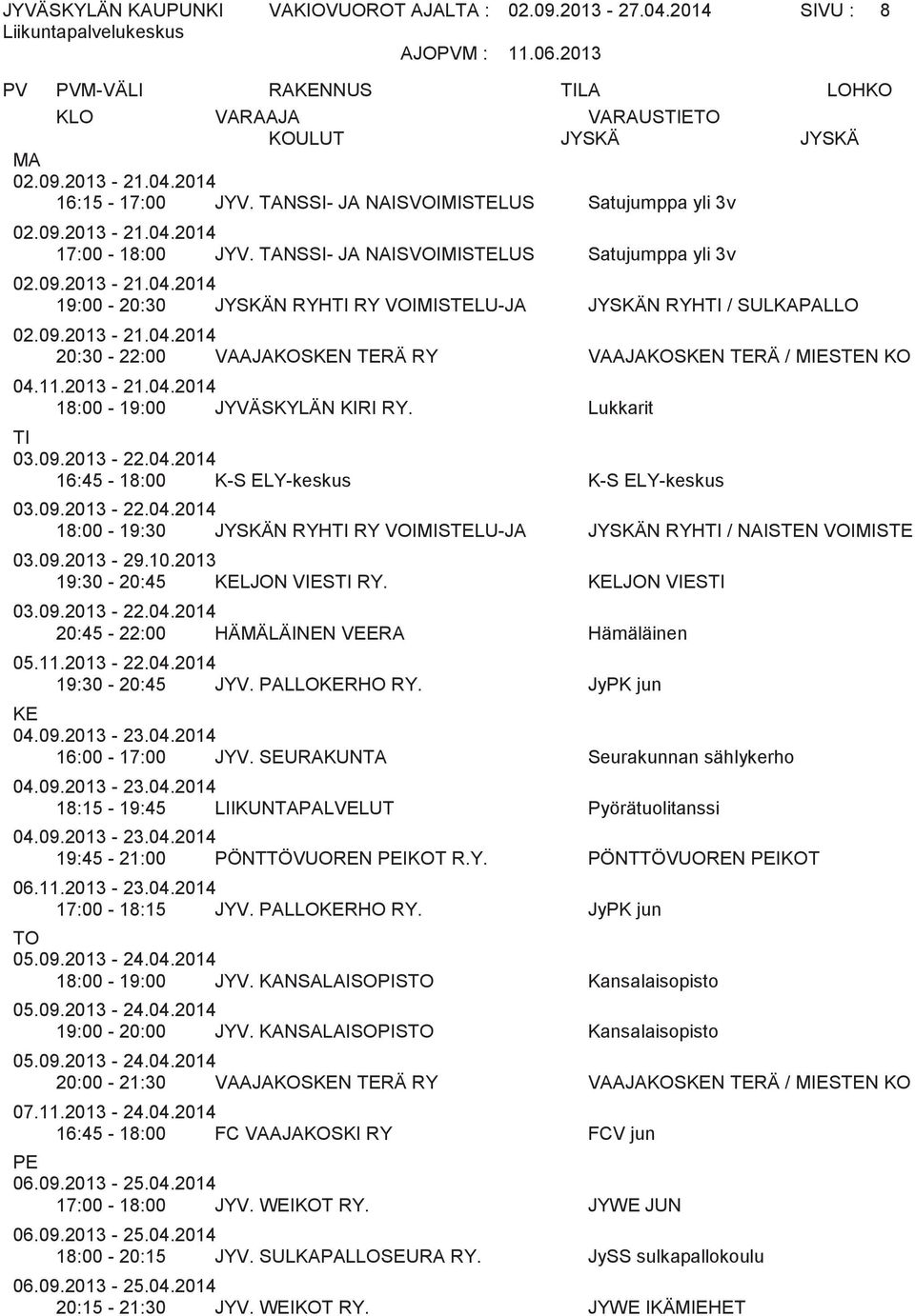 11.2013-21.04.2014 18:00-19:00 JYVÄSKYLÄN KIRI RY. Lukkarit 16:45-18:00 K-S ELY-keskus K-S ELY-keskus 18:00-19:30 JYSKÄN RYH RY VOIMISTELU-JA JYSKÄN RYH / NAISTEN VOIMISTE 03.09.2013-29.10.