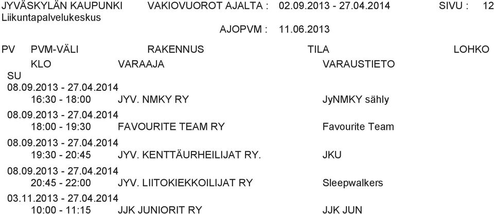 NMKY RY JyNMKY sähly 18:00-19:30 FAVOURITE TEAM RY Favourite Team