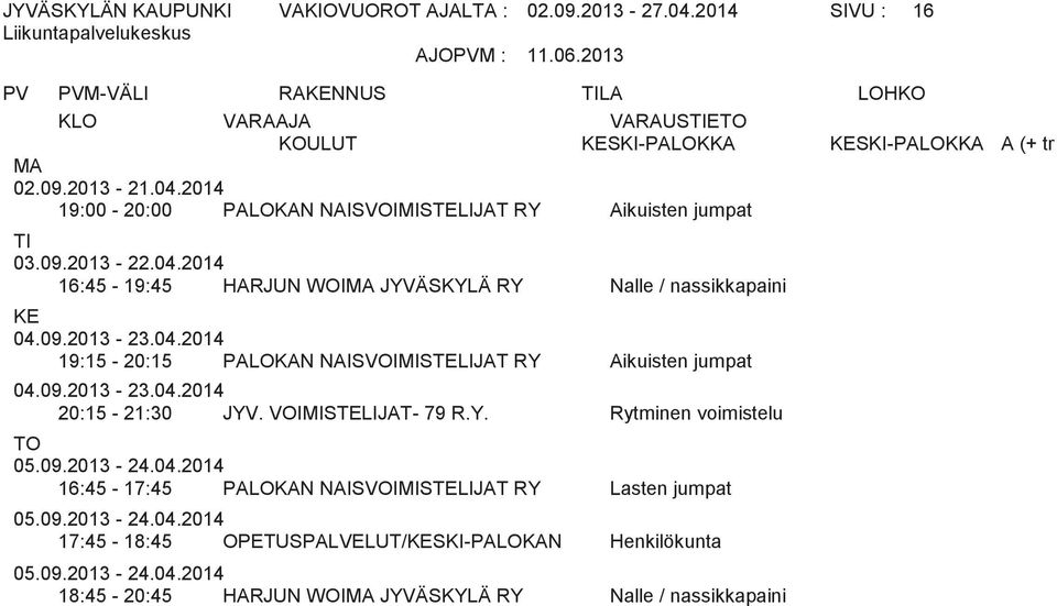 HARJUN WOI JYVÄSKYLÄ RY Nalle / nassikkapaini 19:15-20:15 PALOKAN NAISVOIMISTELIJAT RY Aikuisten jumpat 20:15-21:30 JYV.