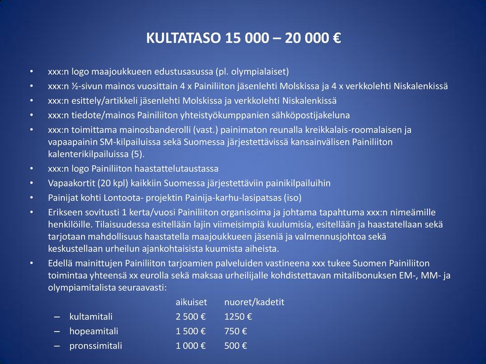 toimittama mainosbanderolli (vast.) painimaton reunalla kreikkalais-roomalaisen ja vapaapainin SM-kilpailuissa sekä Suomessa järjestettävissä kansainvälisen Painiliiton kalenterikilpailuissa (5).