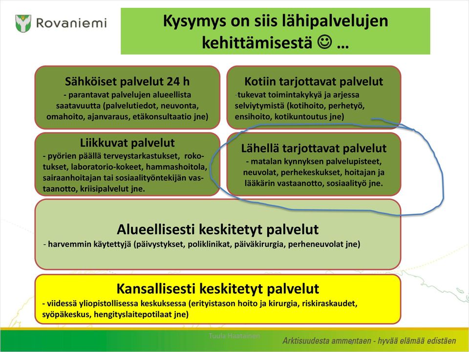Kotiin tarjottavat palvelut -tukevat toimintakykyä ja arjessa selviytymistä (kotihoito, perhetyö, ensihoito, kotikuntoutus jne) Lähellä tarjottavat palvelut - matalan kynnyksen palvelupisteet,