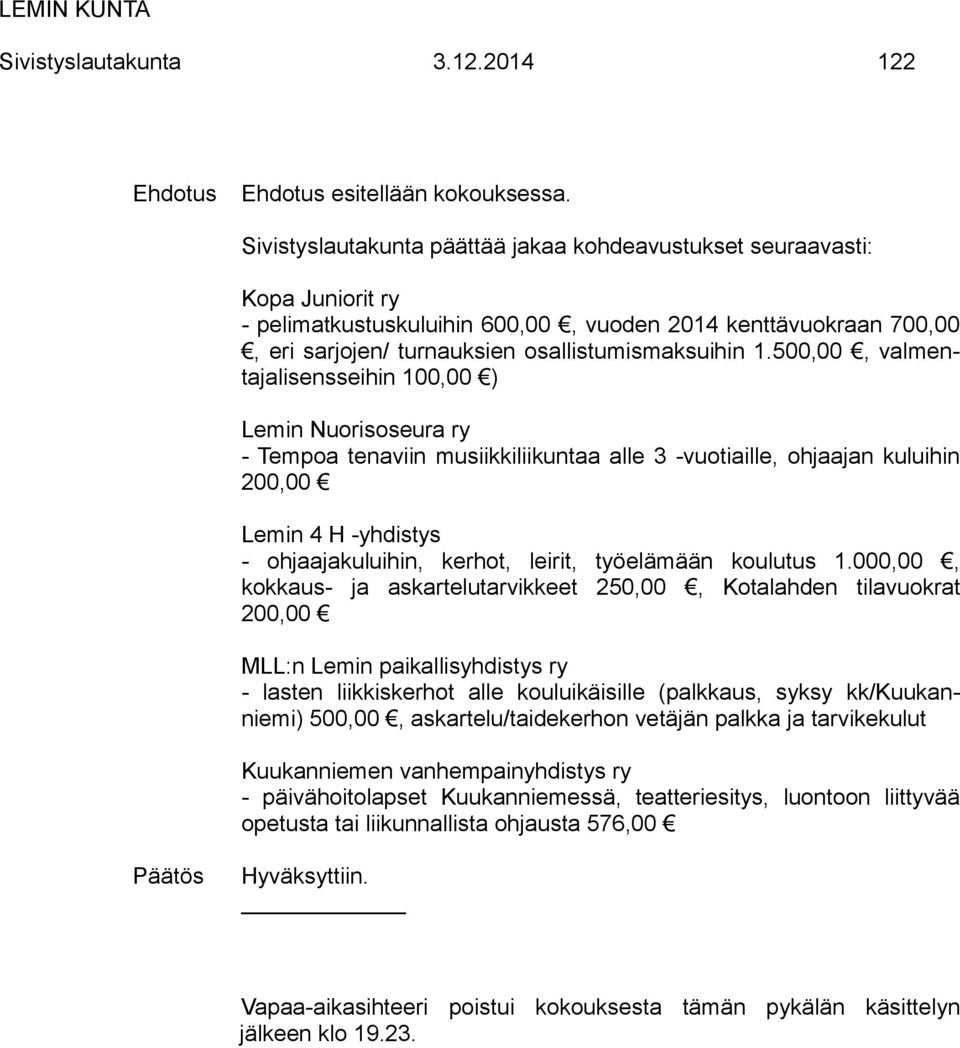 500,00, valmentajalisensseihin 100,00 ) Lemin Nuorisoseura ry - Tempoa tenaviin musiikkiliikuntaa alle 3 -vuotiaille, ohjaajan kuluihin 200,00 Lemin 4 H -yhdistys - ohjaajakuluihin, kerhot, leirit,