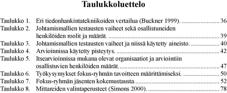 Johtamismallien testausten vaiheet ja niissä käytetty aineisto.... 40 Taulukko 4. Arvioinnissa käytetty pisteytys.... 42 Taulukko 5.