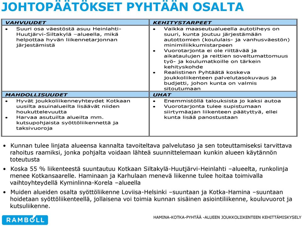 kutsupohjaista syöttöliikennettä ja taksivuoroja KEHITYSTARPEET UHAT Vaikka maaseutualueella autotiheys on suuri, kunta joutuu järjestämään autottomien (koululais- ja vanhusväestön)