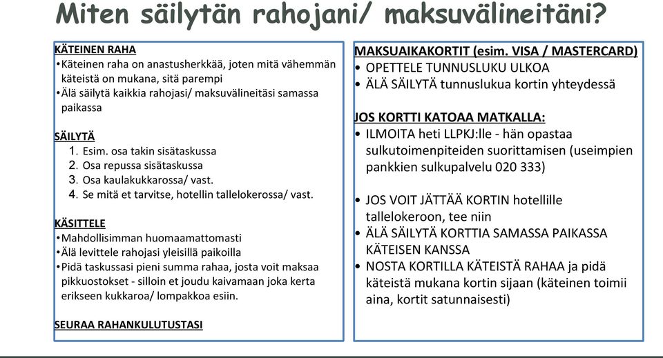 osa takin sisätaskussa 2. Osa repussa sisätaskussa 3. Osa kaulakukkarossa/ vast. 4. Se mitä et tarvitse, hotellin tallelokerossa/ vast.