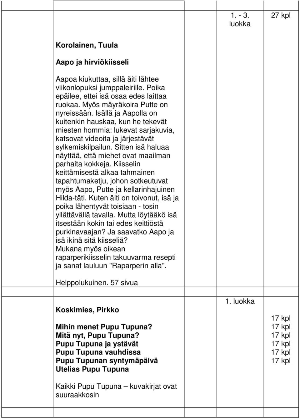 Sitten isä haluaa näyttää, että miehet ovat maailman parhaita kokkeja. Kiisselin keittämisestä alkaa tahmainen tapahtumaketju, johon sotkeutuvat myös Aapo, Putte ja kellarinhajuinen Hilda-täti.