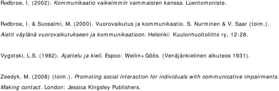 Helsinki: Kuulonhuoltoliitto ry, 12-28. Vygotski, L.S. (1982). Ajattelu ja kieli. Espoo: Weilin+Göös.