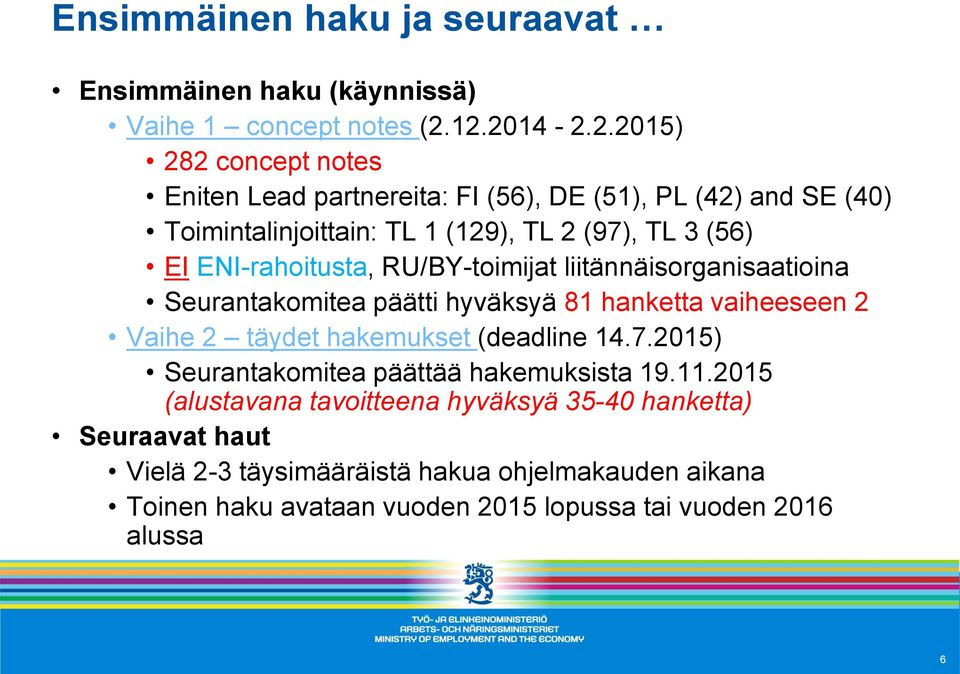 ENI-rahoitusta, RU/BY-toimijat liitännäisorganisaatioina Seurantakomitea päätti hyväksyä 81 hanketta vaiheeseen 2 Vaihe 2 täydet hakemukset (deadline 14.7.