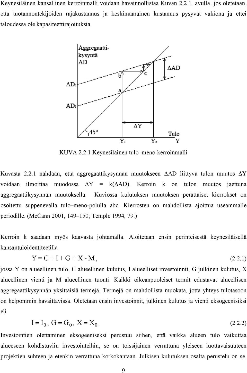 2.1 Keynesiläinen tulo meno-kerroinmalli Kuvasta 2.2.1 nähdään, että aggregaattikysynnän muutokseen AD liittyvä tulon muutos Y voidaan ilmoittaa muodossa Y = k( AD).