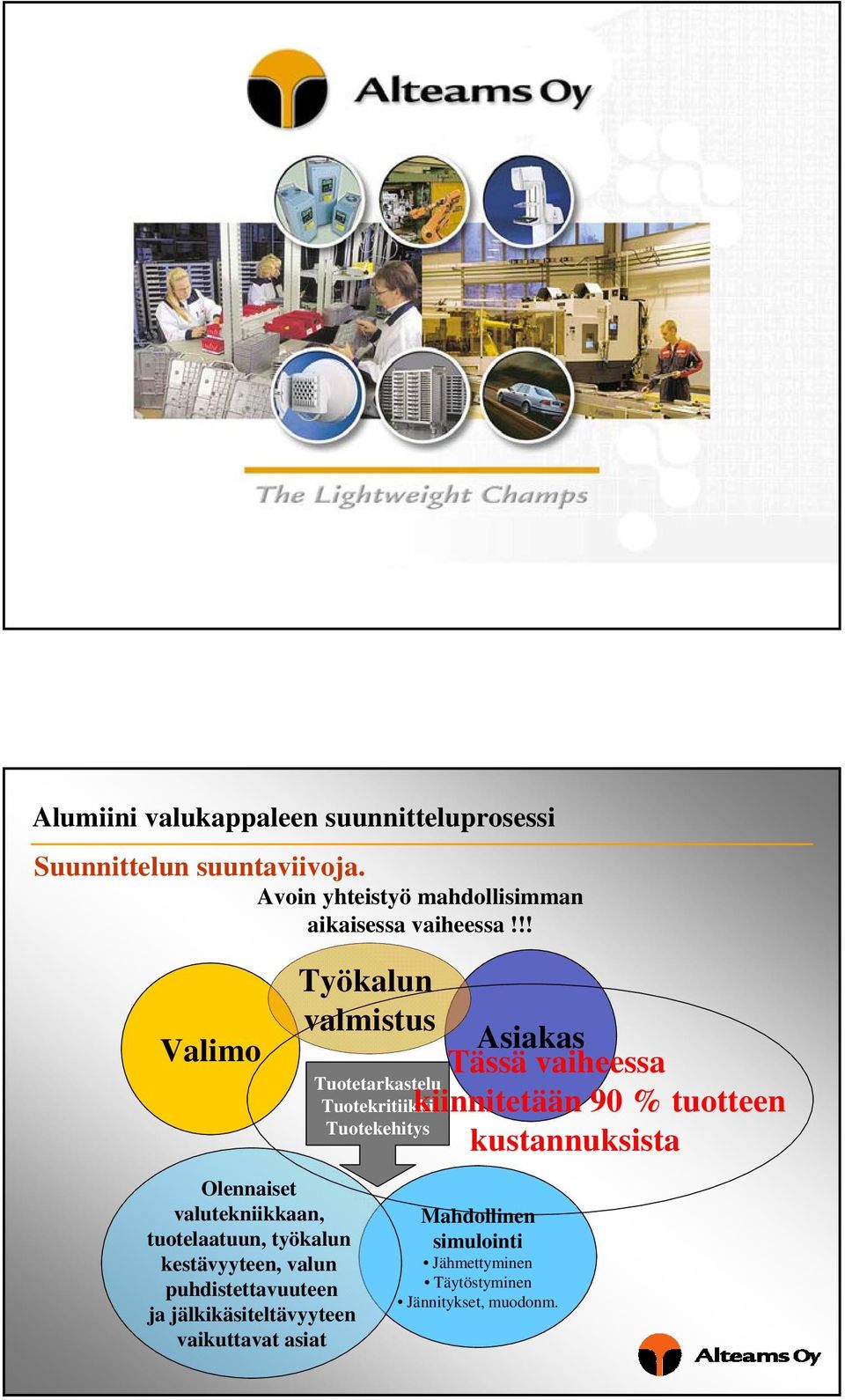 !! Valimo Olennaiset valutekniikkaan, tuotelaatuun, työkalun kestävyyteen, valun puhdistettavuuteen ja