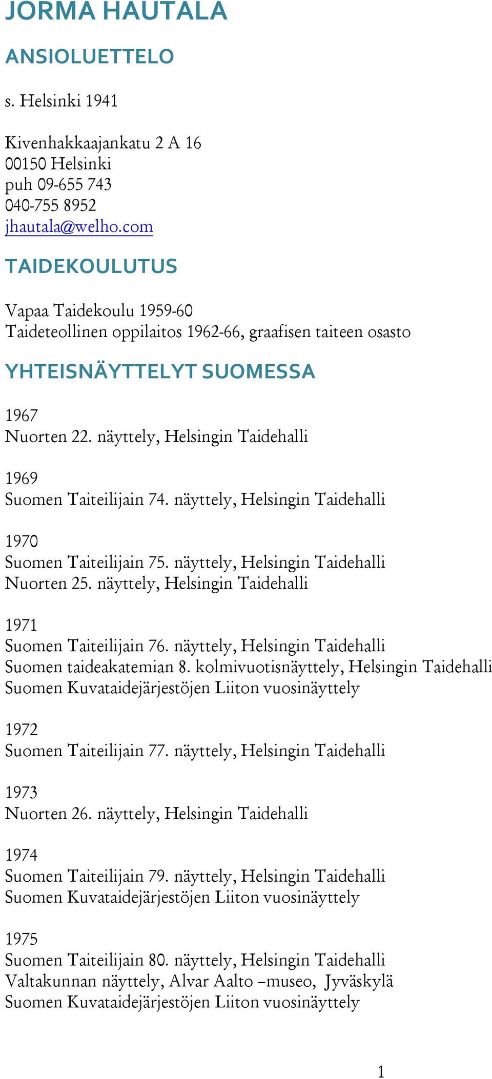 näyttely, Helsingin Taidehalli 1969 Suomen Taiteilijain 74. näyttely, Helsingin Taidehalli 1970 Suomen Taiteilijain 75. näyttely, Helsingin Taidehalli Nuorten 25.