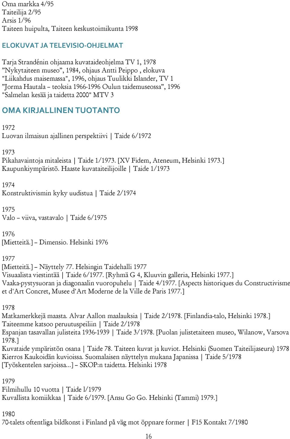 KIRJALLINEN TUOTANTO 1972 Luovan ilmaisun ajallinen perspektiivi Taide 6/1972 1973 Pikahavaintoja mitaleista Taide 1/1973. [XV Fidem, Ateneum, Helsinki 1973.] Kaupunkiympäristö.