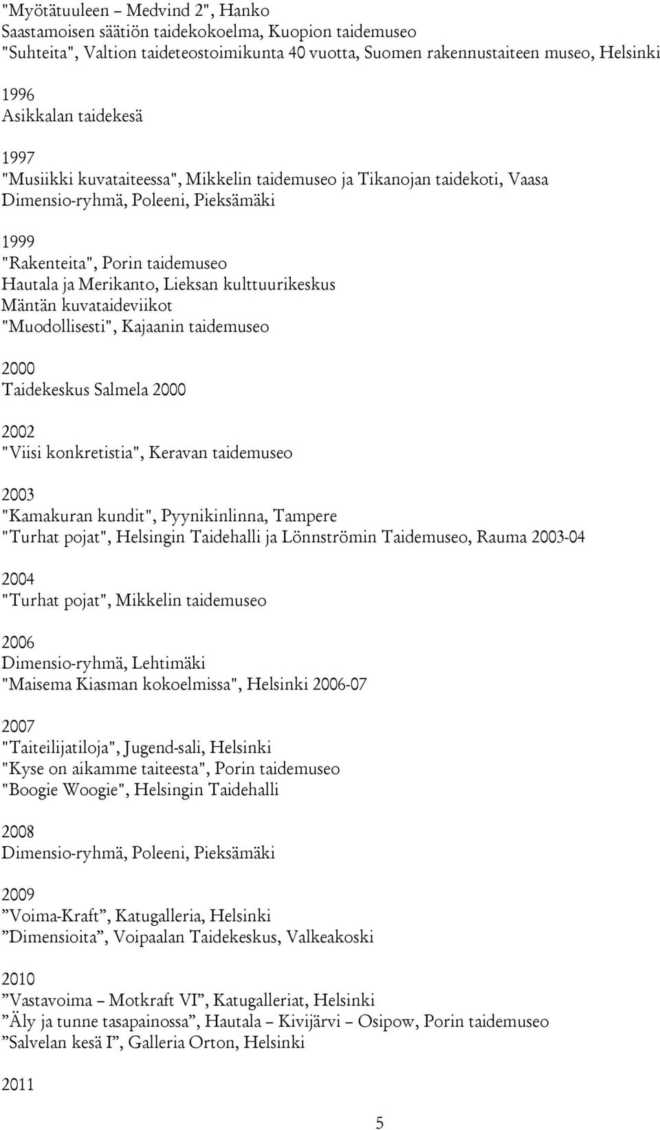 kulttuurikeskus Mäntän kuvataideviikot "Muodollisesti", Kajaanin taidemuseo 2000 Taidekeskus Salmela 2000 2002 "Viisi konkretistia", Keravan taidemuseo 2003 "Kamakuran kundit", Pyynikinlinna, Tampere