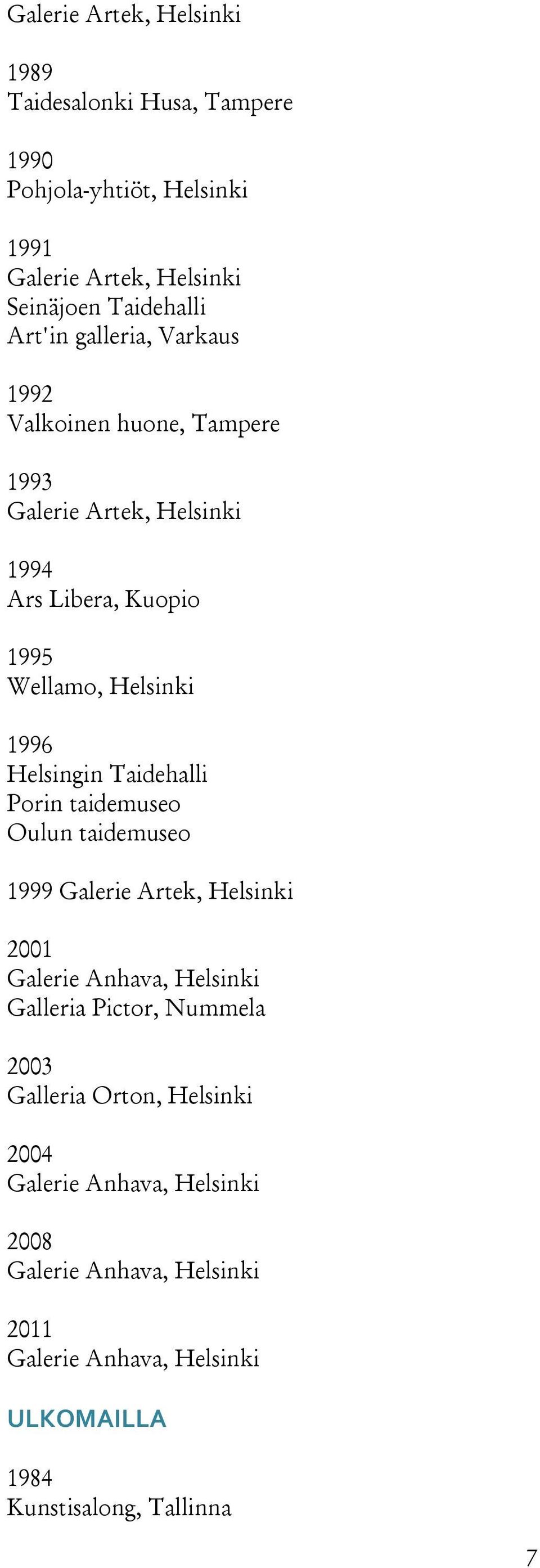 Taidehalli Porin taidemuseo Oulun taidemuseo 1999 Galerie Artek, Helsinki 2001 Galerie Anhava, Helsinki Galleria Pictor, Nummela 2003 Galleria