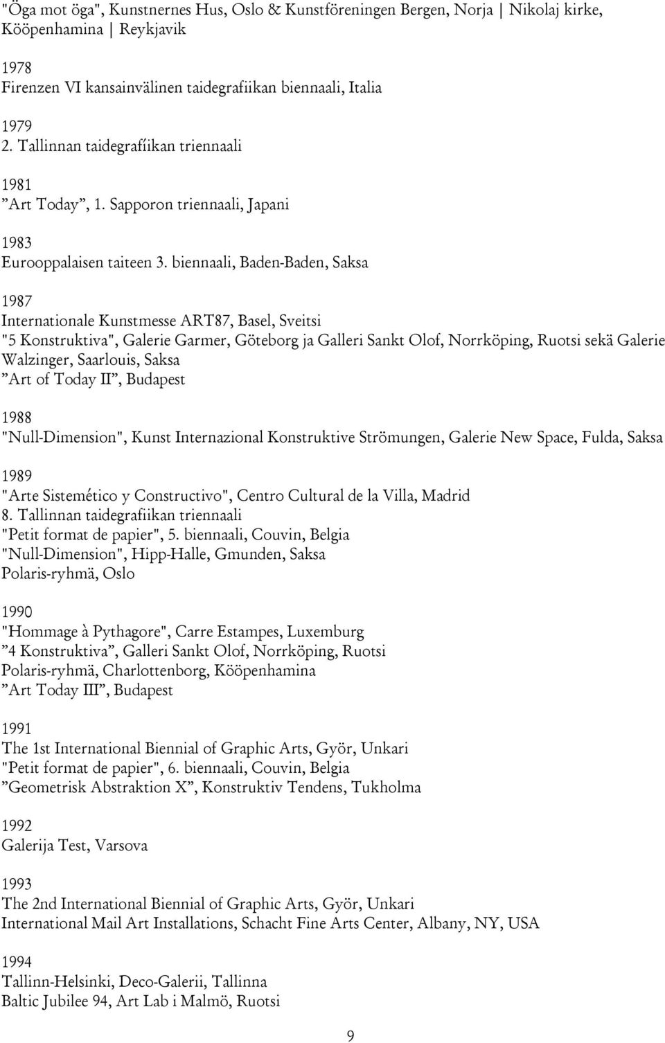 biennaali, Baden-Baden, Saksa 1987 Internationale Kunstmesse ART87, Basel, Sveitsi "5 Konstruktiva", Galerie Garmer, Göteborg ja Galleri Sankt Olof, Norrköping, Ruotsi sekä Galerie Walzinger,