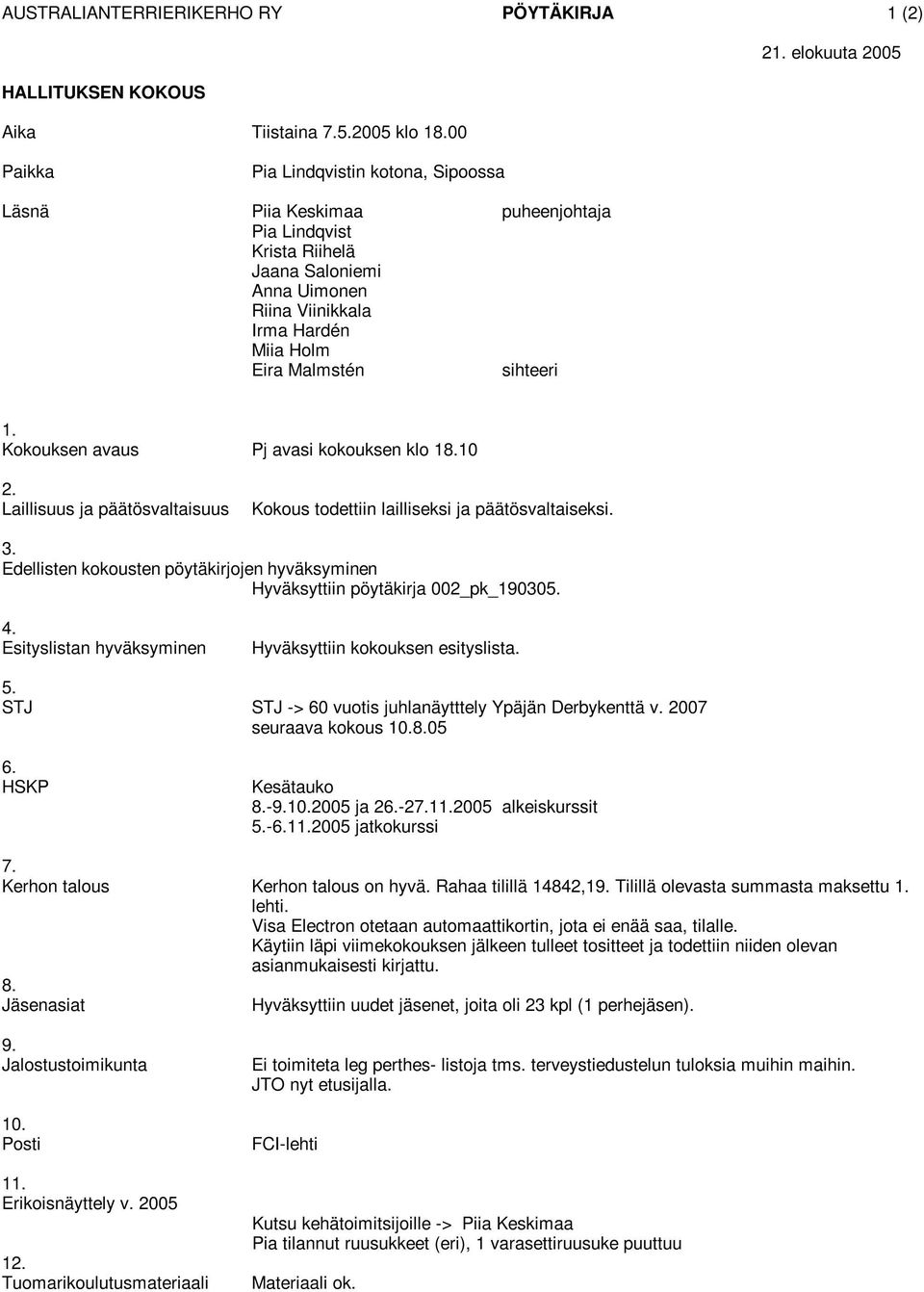 esityslista. STJ STJ -> 60 vuotis juhlanäytttely Ypäjän Derbykenttä v. 2007 seuraava kokous 10.05 HSKP Kesätauko -10.