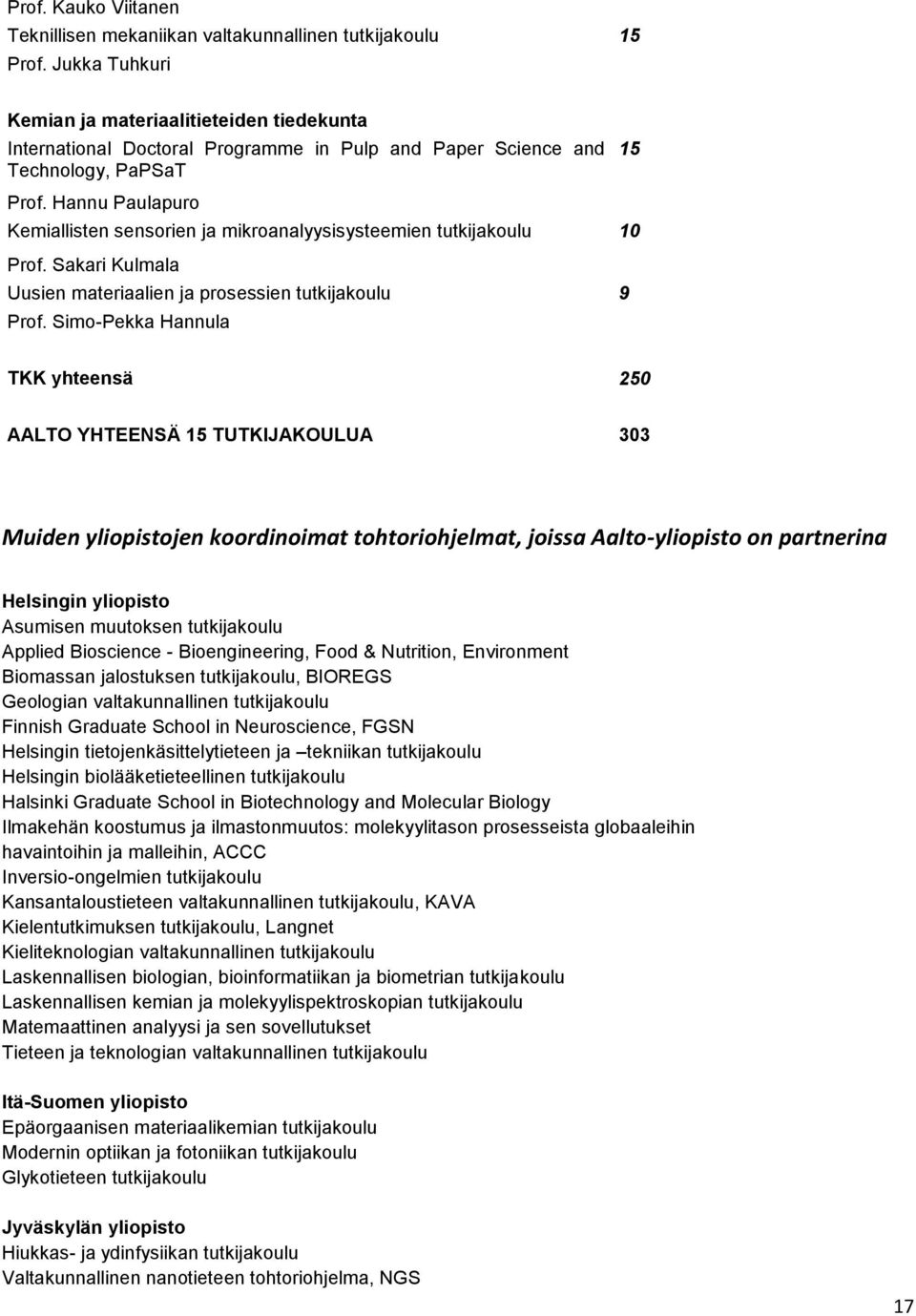 Hannu Paulapuro Kemiallisten sensorien ja mikroanalyysisysteemien tutkijakoulu 10 Prof. Sakari Kulmala Uusien materiaalien ja prosessien tutkijakoulu 9 Prof.