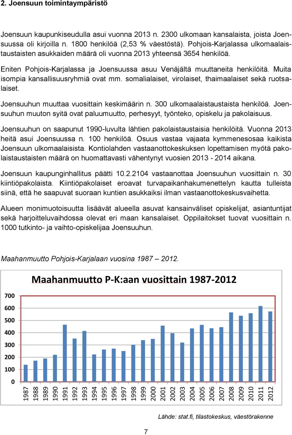 Pohjois-Karjalassa ulkomaalaistaustaisten asukkaiden määrä oli vuonna 2013 yhteensä 3654 henkilöä. Eniten Pohjois-Karjalassa ja Joensuussa asuu Venäjältä muuttaneita henkilöitä.