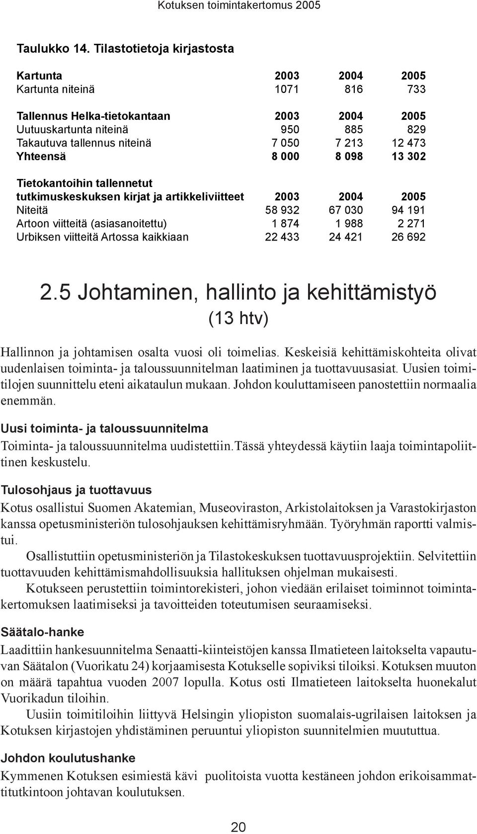 213 12 473 Yhteensä 8 000 8 098 13 302 Tietokantoihin tallennetut tutkimuskeskuksen kirjat ja artikkeliviitteet 2003 2004 2005 Niteitä 58 932 67 030 94 191 Artoon viitteitä (asiasanoitettu) 1 874 1