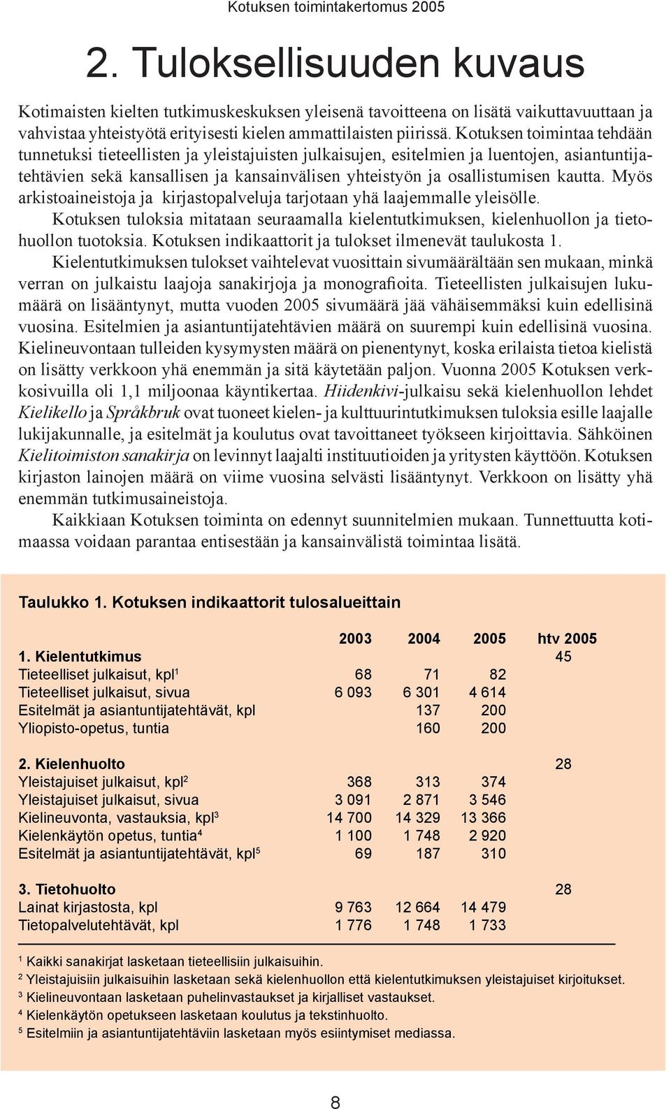 kautta. Myös arkistoaineistoja ja kirjastopalveluja tarjotaan yhä laajemmalle yleisölle. Kotuksen tuloksia mitataan seuraamalla kielentutkimuksen, kielenhuollon ja tietohuollon tuotoksia.