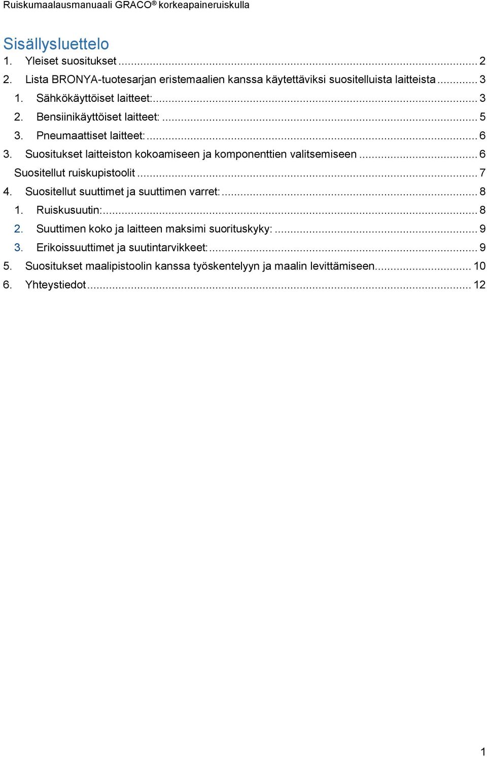 Suositukset laitteiston kokoamiseen ja komponenttien valitsemiseen... 6 Suositellut ruiskupistoolit... 7 4. Suositellut suuttimet ja suuttimen varret:... 8 1.