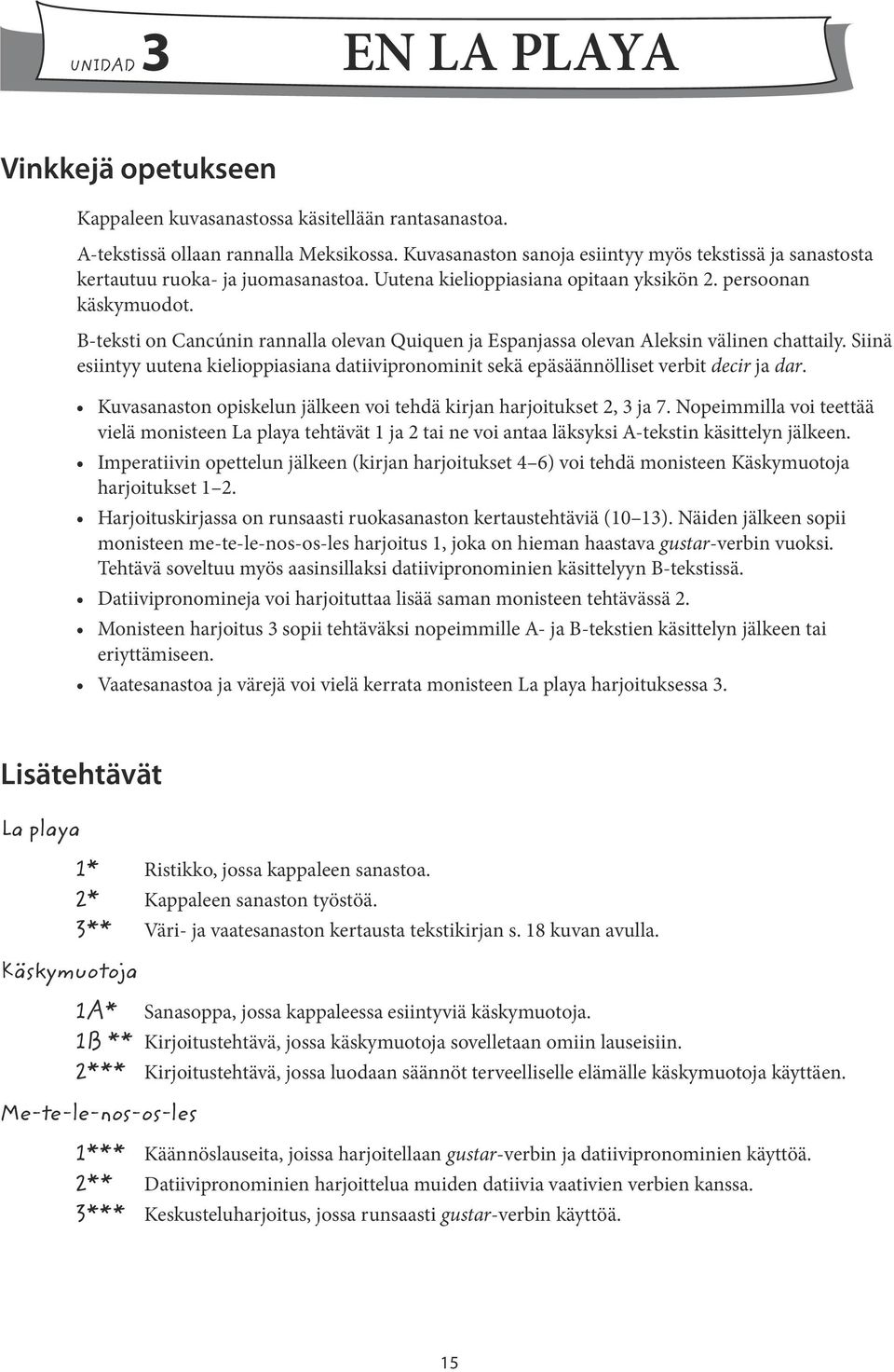B-teksti on Cancúnin rannalla olevan Quiquen ja Espanjassa olevan Aleksin välinen chattaily. Siinä esiintyy uutena kielioppiasiana datiivipronominit sekä epäsäännölliset verbit decir ja dar.