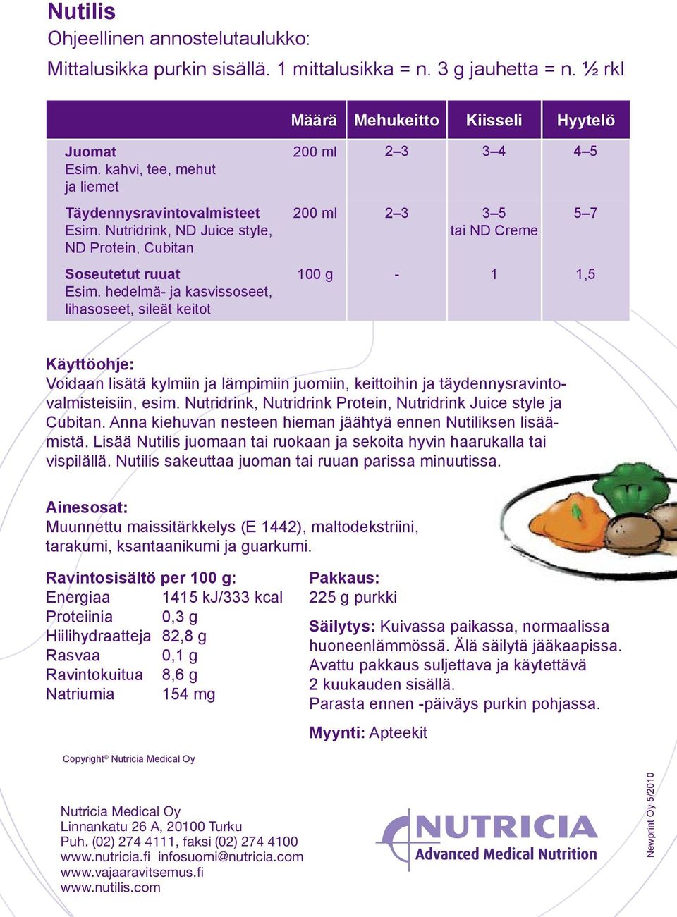 hedelmä- ja kasvissoseet, lihasoseet, sileät keitot Käyttöohje: Voidaan lisätä kylmiin ja lämpimiin juomiin, keittoihin ja täydennysravintovalmisteisiin, esim.