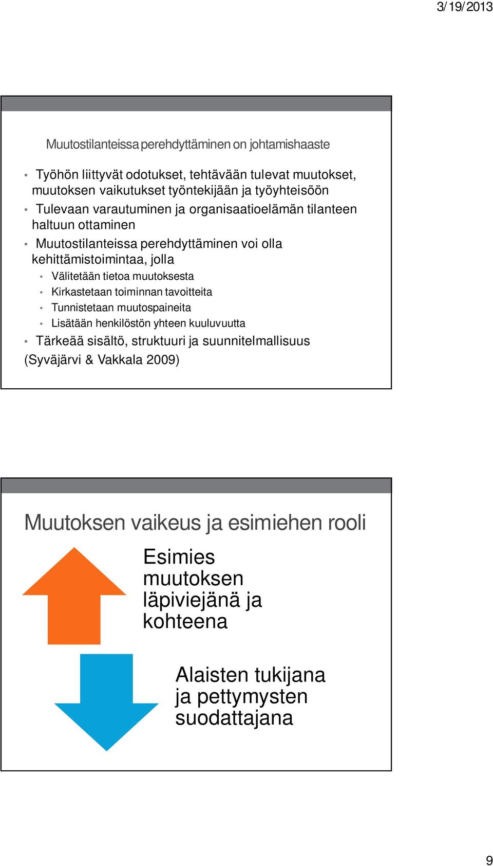 muutoksesta Kirkastetaan toiminnan tavoitteita Tunnistetaan muutospaineita Lisätään henkilöstön yhteen kuuluvuutta Tärkeää sisältö, struktuuri ja