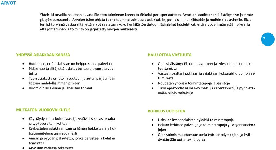 Esimiehet huolehtivat, että arvot ymmärretään oikein ja että johtaminen ja toiminta on järjestetty arvojen mukaisesti.