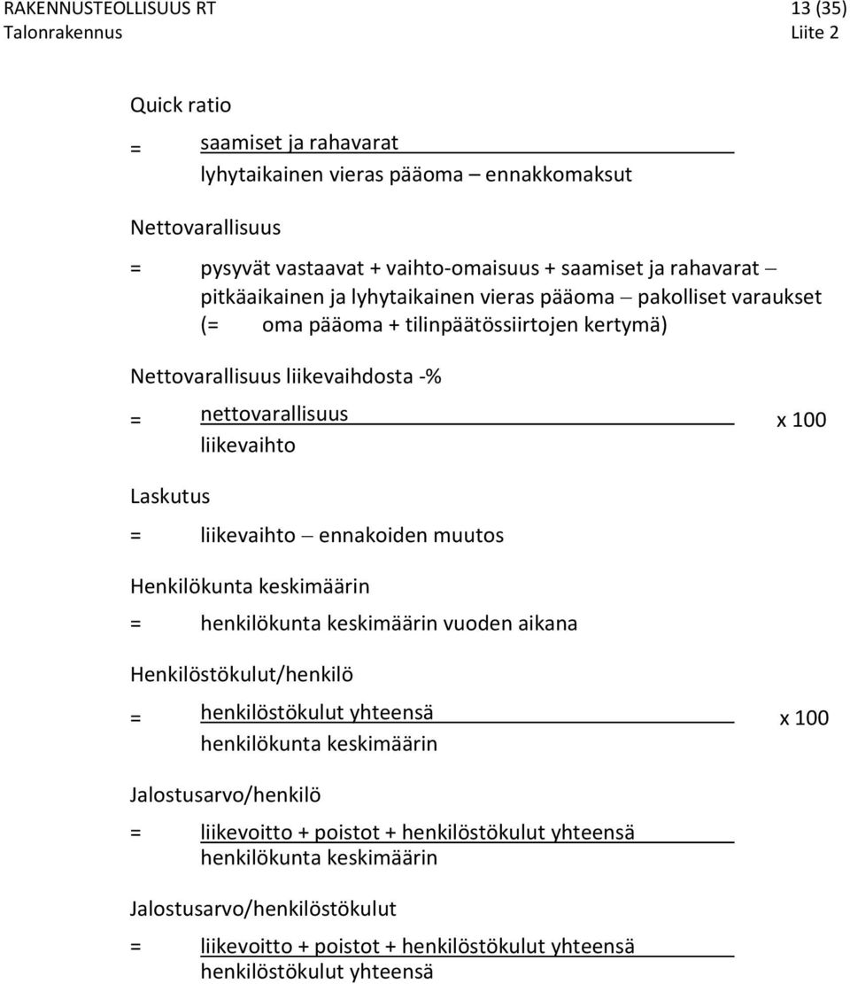 Laskutus = liikevaihto ennakoiden muutos Henkilökunta keskimäärin = henkilökunta keskimäärin vuoden aikana Henkilöstökulut/henkilö = henkilöstökulut yhteensä x 100 henkilökunta keskimäärin