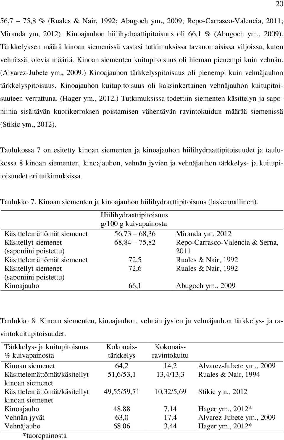 , 2009.) Kinoajauhon tärkkelyspitoisuus oli pienempi kuin vehnäjauhon tärkkelyspitoisuus. Kinoajauhon kuitupitoisuus oli kaksinkertainen vehnäjauhon kuitupitoisuuteen verrattuna. (Hager ym., 2012.