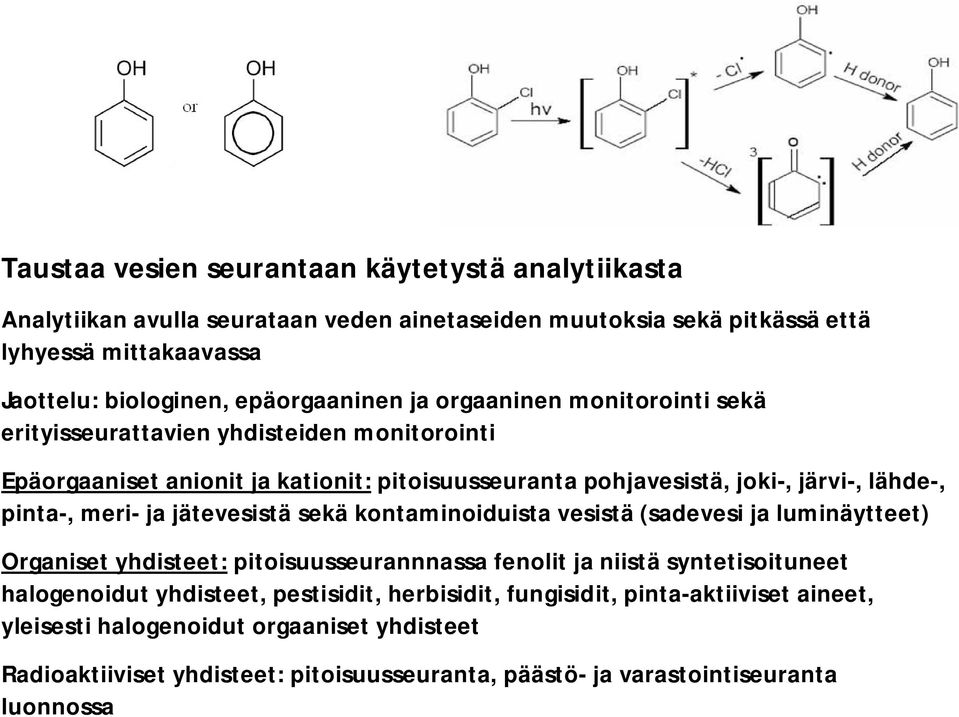 pinta-, meri- ja jätevesistä sekä kontaminoiduista vesistä (sadevesi ja luminäytteet) Organiset yhdisteet: pitoisuusseurannnassa fenolit ja niistä syntetisoituneet halogenoidut