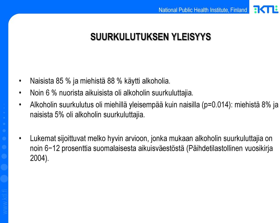 Alkoholin suurkulutus oli miehillä yleisempää kuin naisilla (p=0.