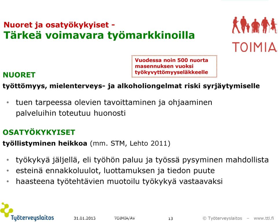 STM, Lehto 2011) Vuodessa noin 500 nuorta masennuksen vuoksi työkyvyttömyyseläkkeelle työkykyä jäljellä, eli työhön paluu ja työssä pysyminen