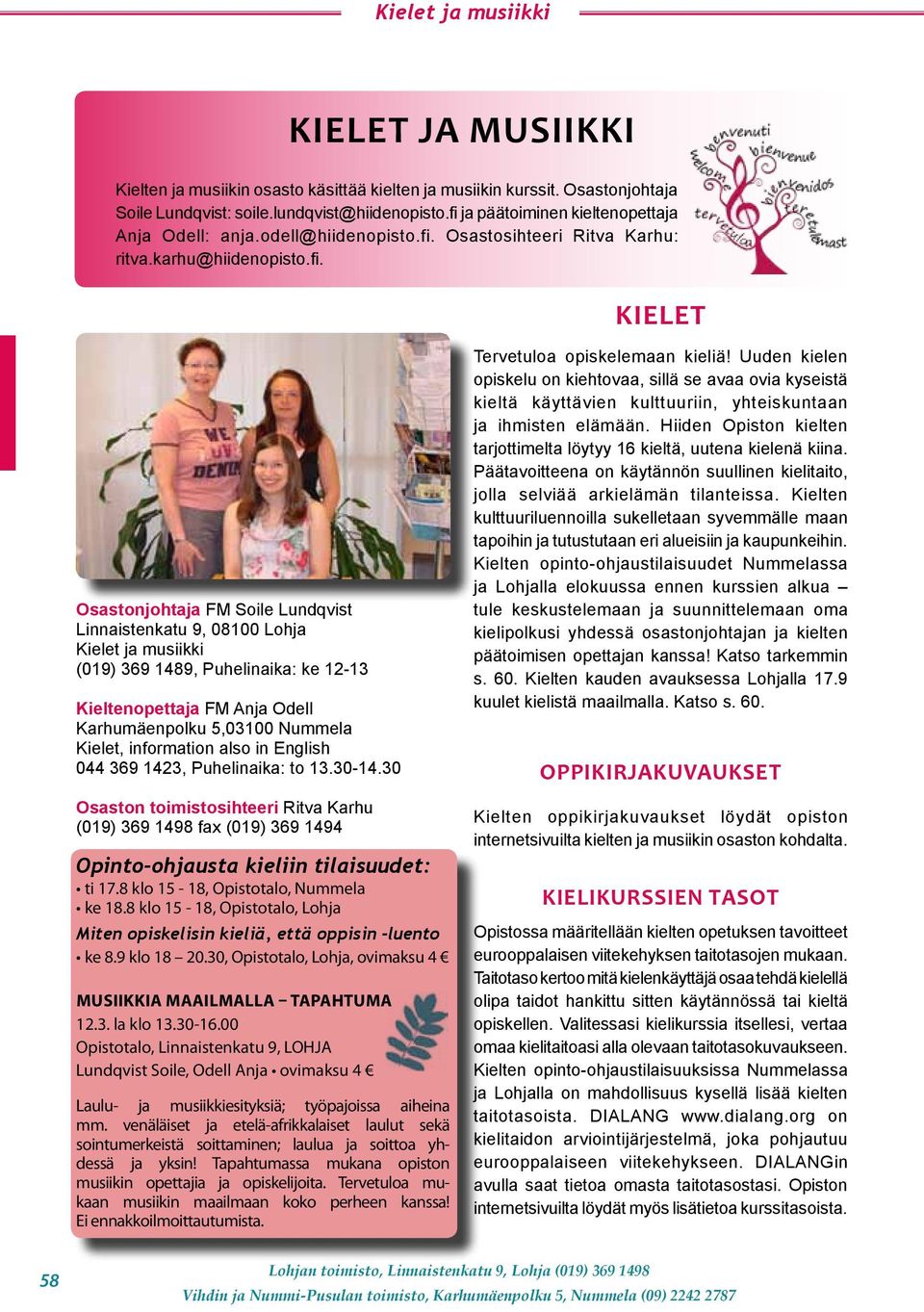 Lohja Kielet ja musiikki (019) 369 1489, Puhelinaika: ke 12-13 Kieltenopettaja FM Anja Odell Karhumäenpolku 5,03100 Nummela Kielet, information also in English 044 369 1423, Puhelinaika: to 13.30-14.