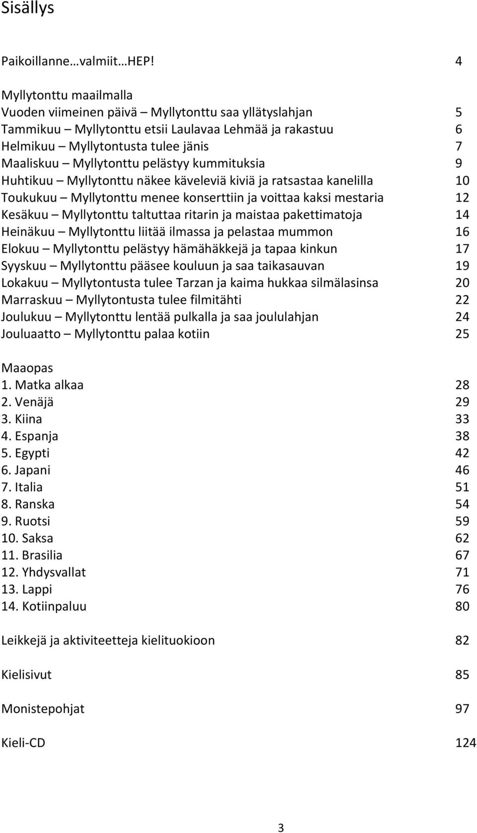 pelästyy kummituksia 9 Huhtikuu Myllytonttu näkee käveleviä kiviä ja ratsastaa kanelilla 10 Toukukuu Myllytonttu menee konserttiin ja voittaa kaksi mestaria 12 Kesäkuu Myllytonttu taltuttaa ritarin