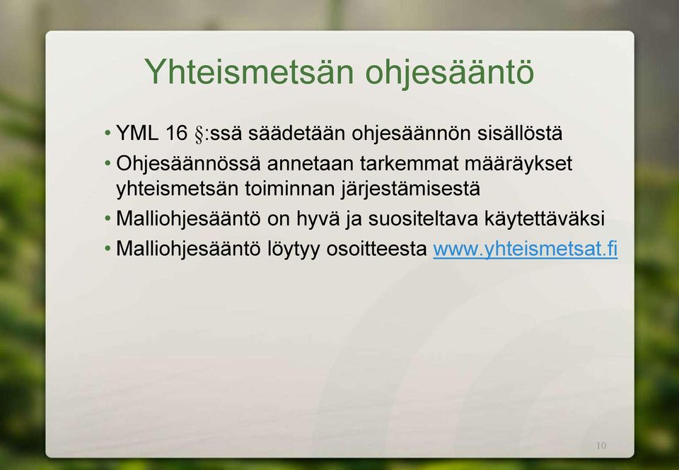 yhteismetsän toiminnan järjestämisestä Malliohjesääntö on hyvä ja