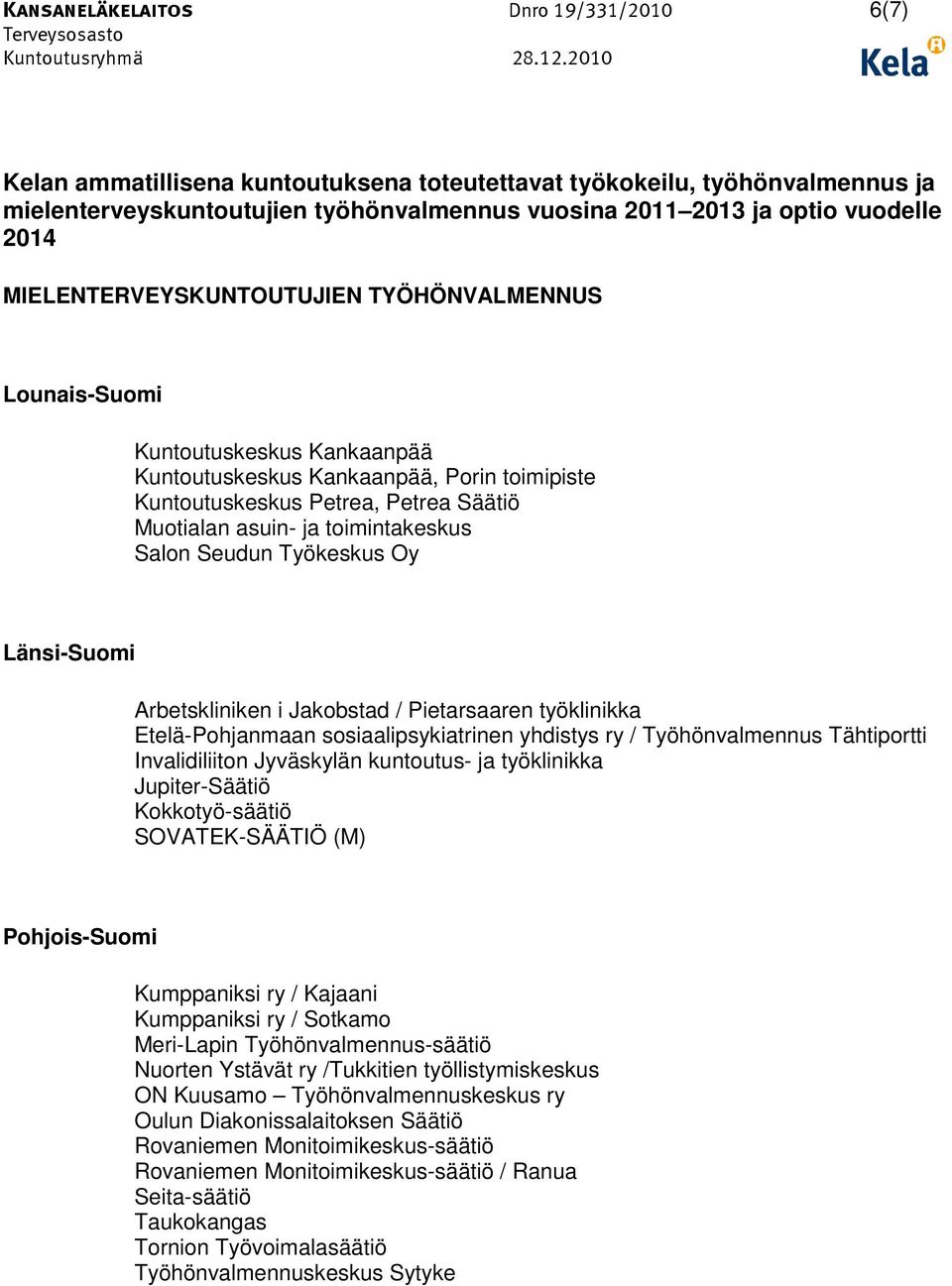 Työhönvalmennus Tähtiportti Invalidiliiton Jyväskylän kuntoutus- ja työklinikka Jupiter-Säätiö Kokkotyö-säätiö SOVATEK-SÄÄTIÖ (M) Pohjois-Suomi Kumppaniksi ry / Kajaani Kumppaniksi ry / Sotkamo