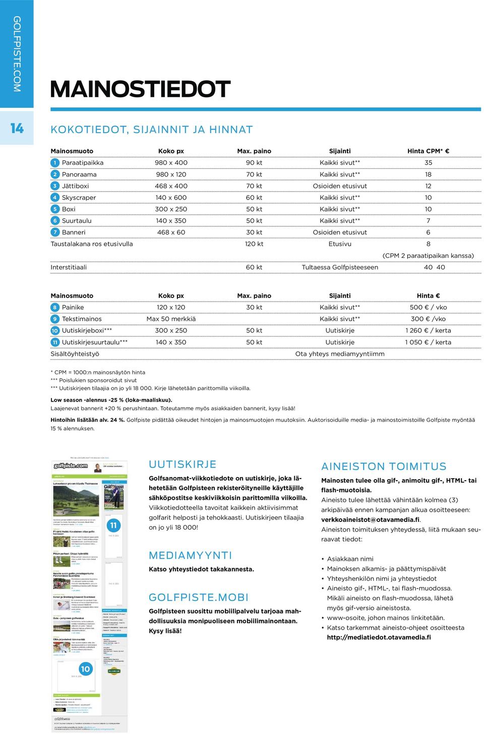 60 kt Kaikki sivut** 10 Boxi 300 x 250 50 kt Kaikki sivut** 10 Suurtaulu 140 x 350 50 kt Kaikki sivut** 7 Banneri 468 x 60 30 kt Osioiden etusivut 6 Taustalakana ros etusivulla 120 kt Etusivu 8 (CPM