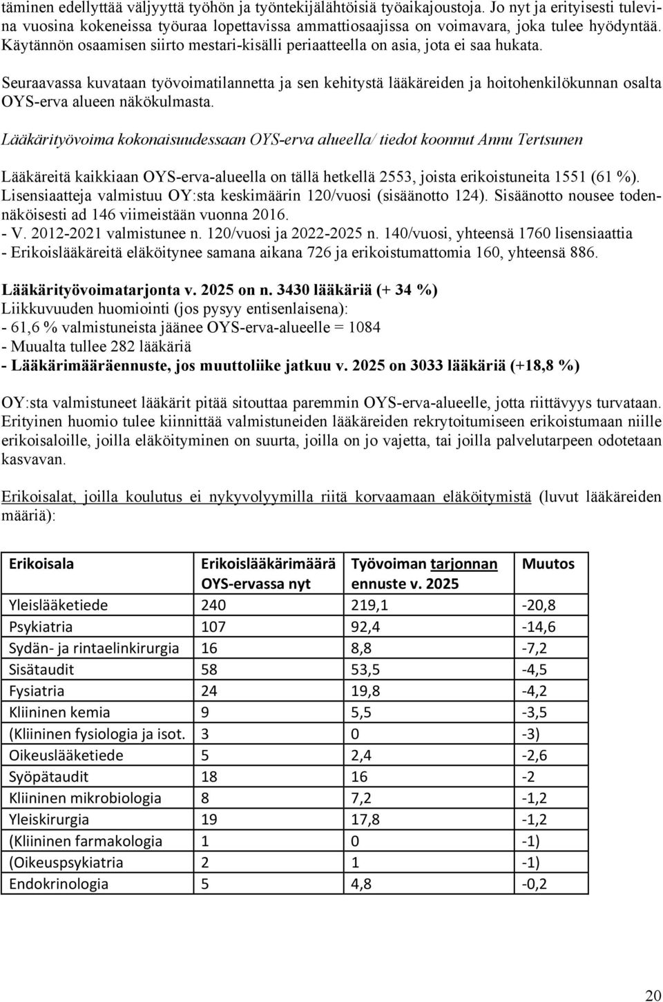 Seuraavassa kuvataan työvoimatilannetta ja sen kehitystä lääkäreiden ja hoitohenkilökunnan osalta OYS-erva alueen näkökulmasta.