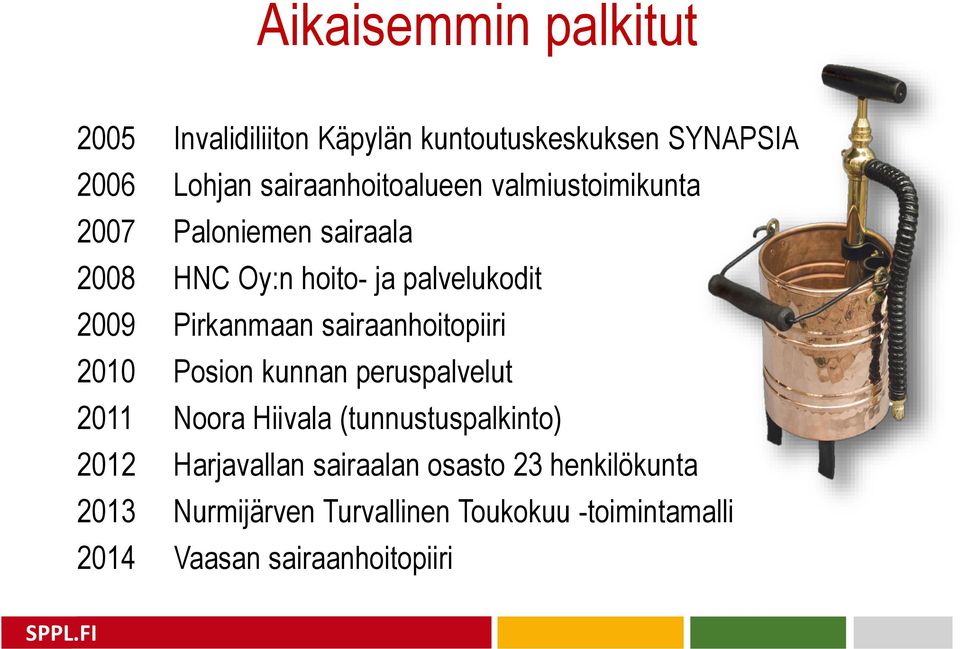 Pirkanmaan sairaanhoitopiiri 2010 Posion kunnan peruspalvelut 2011 Noora Hiivala (tunnustuspalkinto) 2012
